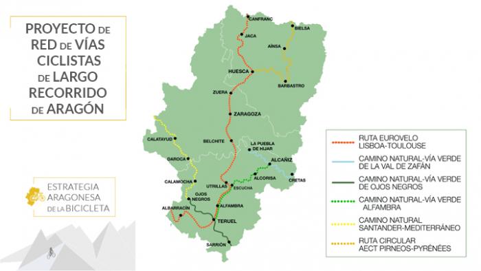 Mapa de la futura red ciclista de largo recorrido en Aragón