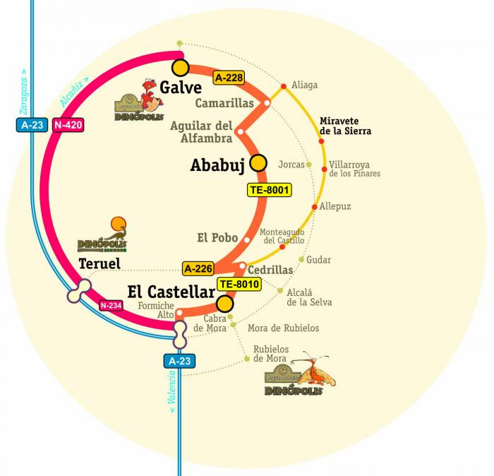 Mapa con los recorridos de La Carretera de las Huellas de Dinosaurio en Teruel.