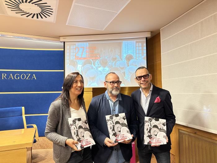 Olloqui, Aguilar y Palacín, en la presentación del Festival de Cine de Fuentes hoy en Diputación de Zaragoza.