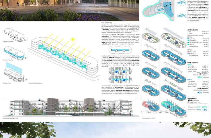 Plano 1 del proyecto ganador del concurso de ideas para la reconversión de los "cacahuetes" de la Expo en viviendas