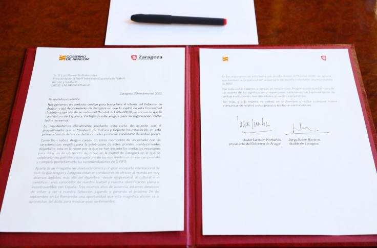 Carta de Javier Lambán y Jorge Azcón solicitando que Zaragoza sea sede del Mundial de Fútbol 2030