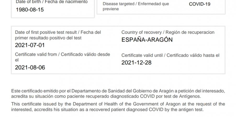 Aragón emite desde hoy un certificado propio de recuperación para las personas diagnosticadas con antígenos