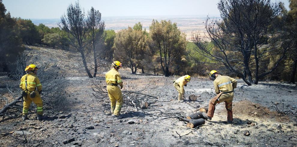 Miembros del operativo INFOAR en labores de extinción en el incendio de Ateca.