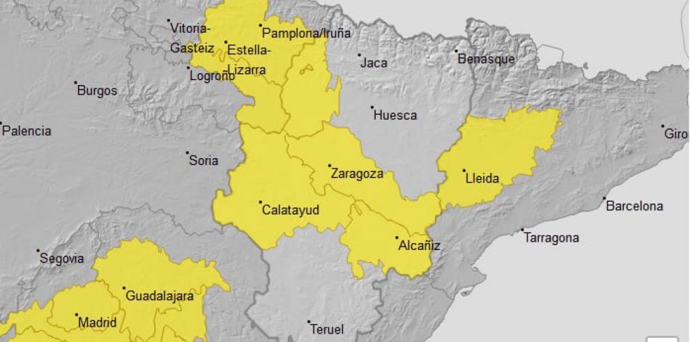 El aviso amarillo afecta a la Ribera del Ebro, las Cinco Villas, la Ibérica zaragozana y el Bajo Aragón.