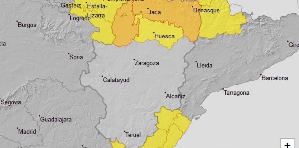 Aviso naranja por lluvias y tormentas en el Pirineo oscense y Cinco Villas y de nivel amarillo en Huesca Centro
